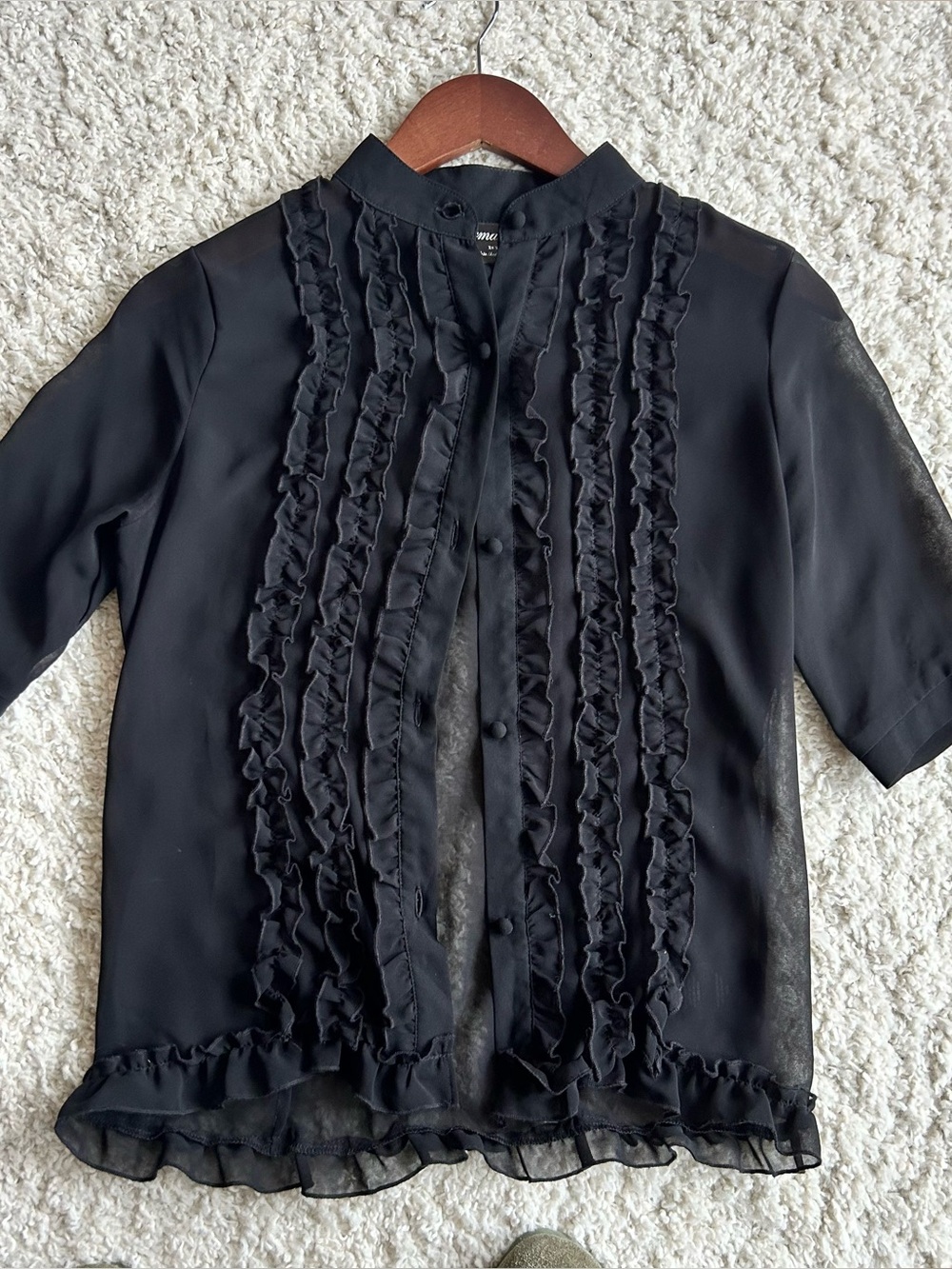 Norma Kamali Sheer Black Ruffle Front Button-Down Top
